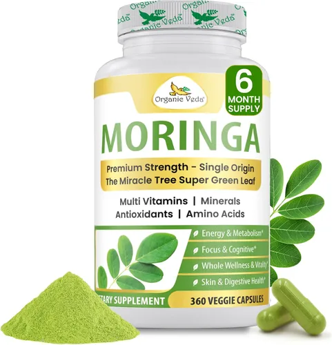 Miniatura 10 de Organic Veda Cápsulas de hoja de Moringa de 1200 mg, 120 unidades – Polvo puro de Moringa Oleifera en polvo de hojas enteras verde suplemento súper