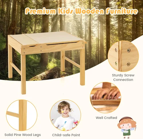 Miniatura 6 de HONEY JOY Mesa para niños, mesa de actividades de madera 2 en 1 con rollo de papel, mesa de bloques de construcción convertible, 3 compartimentos