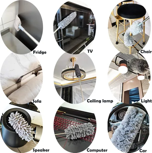 Miniatura 3 de Kit de plumero de microfibra 5 en 1 con poste de extensión (30-100 pulgadas) para techo alto, ventilador, telaraña, persianas y muebles, cabezales