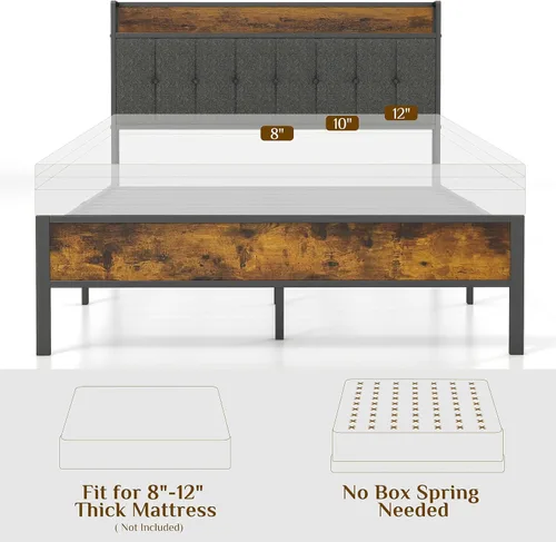 Miniatura 6 de Base de cama de plataforma tamaño Queen con cabecera tapizada y puertos USB para carga, sin somier, soporte fuerte y sin ruido, fácil montaje Marrón