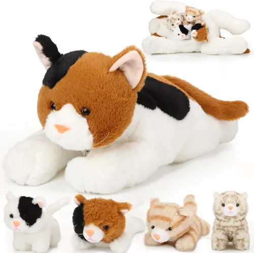 Miniatura 8 de Skylety 5 piezas de animal de peluche de gato con bebés dentro del vientre de gato embarazada mamá gatita con 4 lindos gatitos de peluche esponjosos