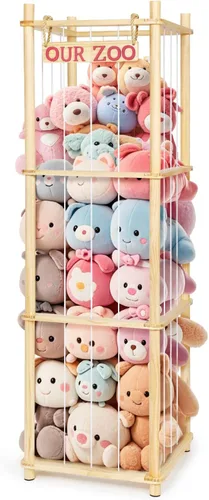 Almacenamiento de Animales de Peluche - Organizador Alto de Juguetes de Madera de Pino Natural con Cuerdas Elásticas y Estante, Casa de Juegos de