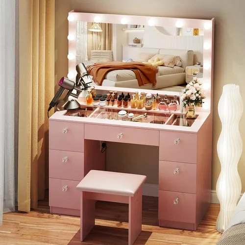 Miniatura 8 de VOWNER Tocador con espejo iluminado: escritorio de maquillaje con parte superior de vidrio con 7 cajones y toma de corriente, 3 modos de iluminación