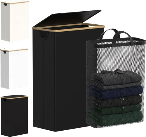 Miniatura 21 de efluky Cesta de lavandería con tapa y bolsa extraíble, cesta de lavandería de 100 litros de alto con asas de bambú, papelera estética para ropa Gris