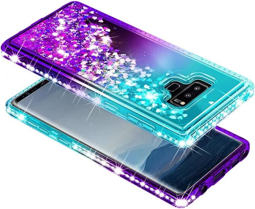Miniatura 5 de Funda para Samsung Galaxy Note 9 con protector de pantalla (cobertura máxima, película de TPU flexible), purpurina brillante que fluye con diamantes