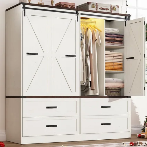 Armario de guardarropa de granja con 4 puertas, armario de dormitorio con puerta corrediza plegable estilo granero y luces, armario de dormitorio
