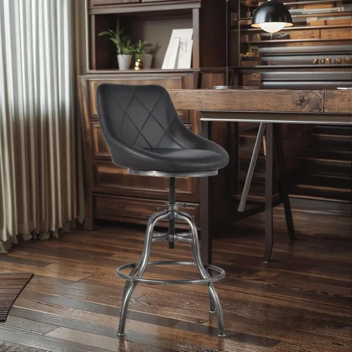 Miniatura 3 de Diseño industrial Metal Altura ajustable PU Respaldo Silla Vintage Bar Taburete Negro Asiento de cuero
