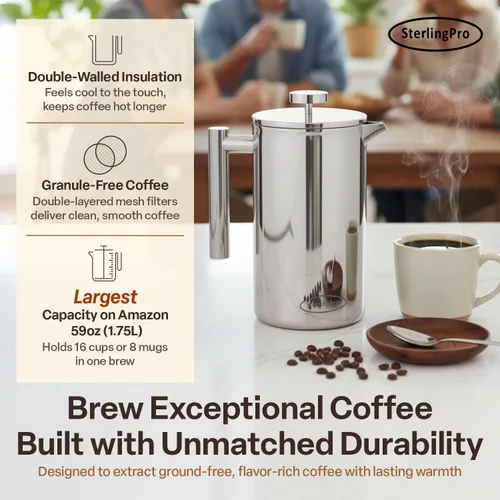 Miniatura 2 de Prensa de café francesa de acero inoxidable y doble pared de SterlingPro., Acero inoxidable, acabado de espejo, 2L