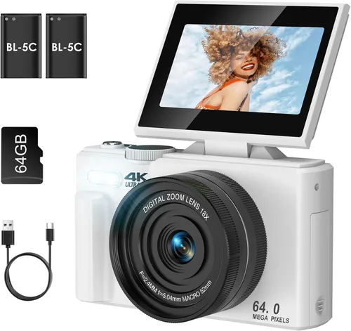 Miniatura 8 de Cámara digital 4K para fotografía, enfoque automático antivibraciones de 64 MP para YouTube, pantalla abatible de 180° de 3 pulgadas, cámara