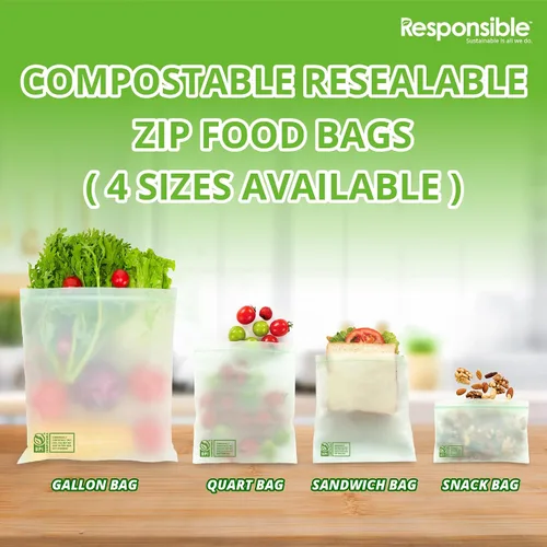 Miniatura 4 de Responsible Products Bolsa con cremallera resellable de gran galón compostable certificada, bolsas de alimentos extra resistentes, hechas