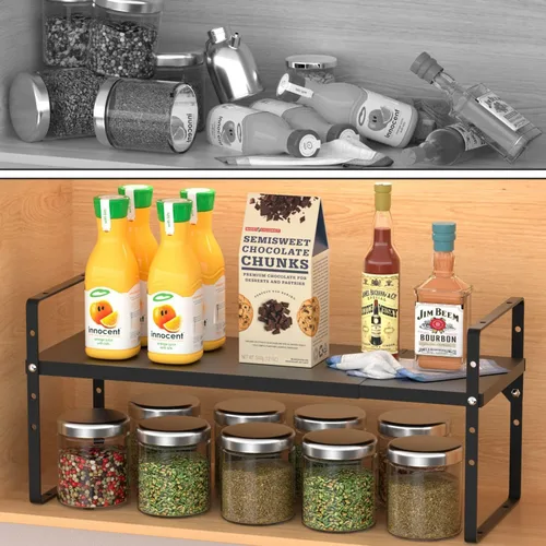 Miniatura 7 de Organizador de estante expandible para gabinete, almacenamiento apilable para mostrador de despensa de cocina, soporte ajustable para armario