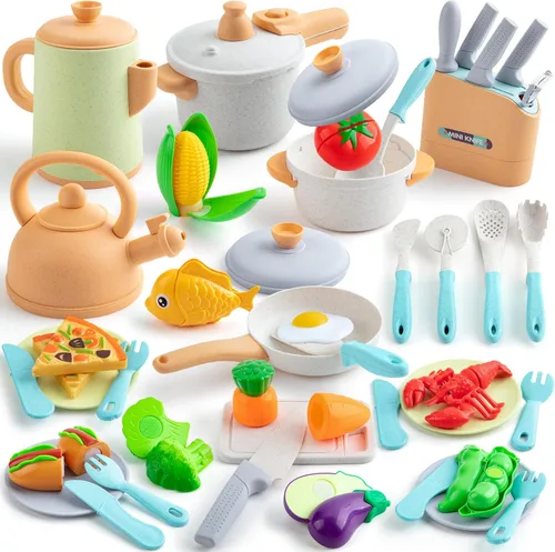 Accesorios de cocina de juguete para niños, 42 piezas de juego de cocina para niños pequeños, juego de cocina con ollas y sartenes a presión, juego