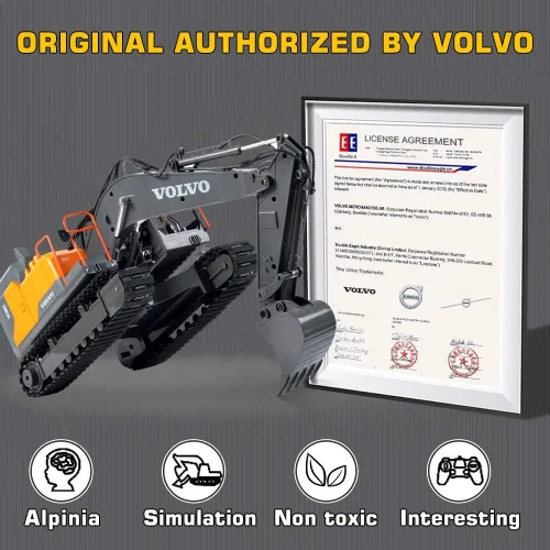 Miniatura 2 de Double E Volvo - Excavadora de control remoto a escala 1:16, juguete de construcción 3 en 1 de 17 canales con pala de metal, taladro, agarre