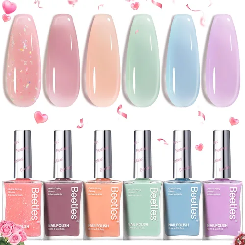 Beetles Jelly - Juego de esmaltes de uñas de gelatina, 6 colores claros, pastel, con purpurina, rosa, rosa, naranja, verde, azul, morado, de larga
