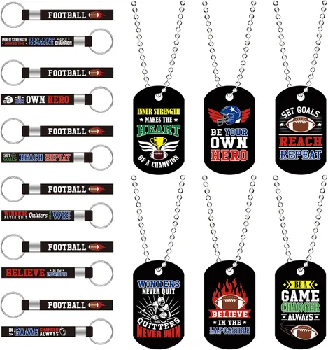 Yinkin 48 piezas de regalos de bolas a granel, 24 llaveros y 24 collares con etiquetas para perros con citas inspiradoras deportivas (fútbol)