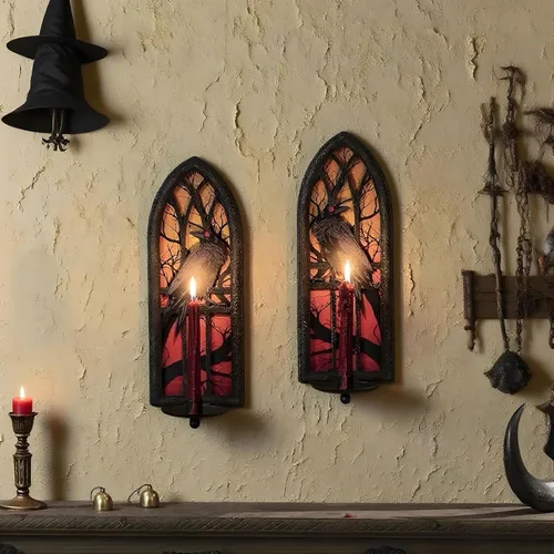Miniatura 8 de Juego de 2 candelabros góticos de pared, diseño de cuervo de hierro forjado con bandejas extraíbles para velas cónicas y pilares, diseño medieval