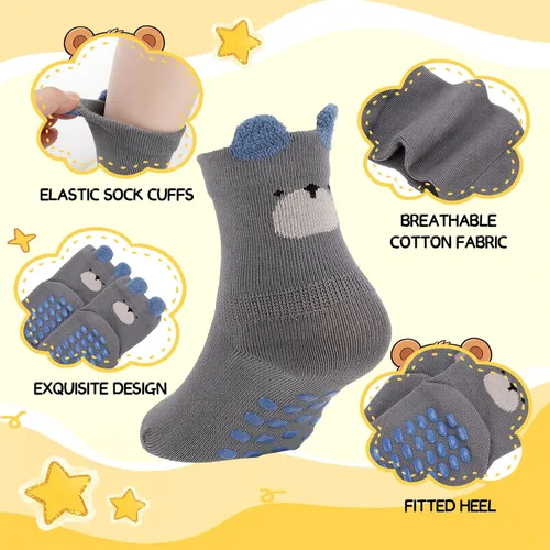 Miniatura 5 de Jspupifip Toddler Non-Slip Socks with Grips 5 Pairs Cotton Cute Baby Cartoon Floor Crew Socks Indoor Soft Cotton Ankle Sock