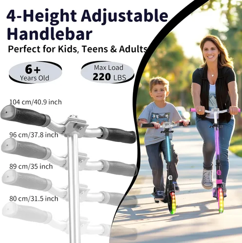 Miniatura 4 de BELEEV V8 Scooters para niños a partir de 6 años con cubierta iluminada, scooter plegable de 2 ruedas para adultos y adolescentes, 4 de altura Negro