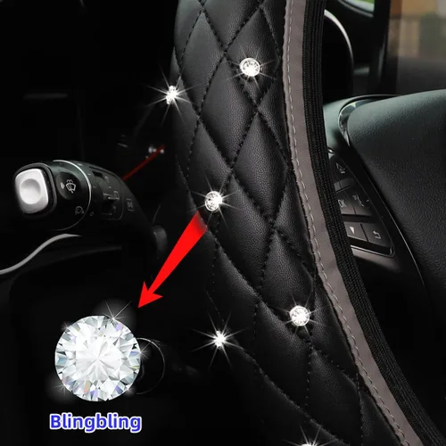 Miniatura 4 de Funda de volante de coche con brillo, 15" de cuero elástico antideslizante con strass de cristal, protector de volante para vehículos, accesorios