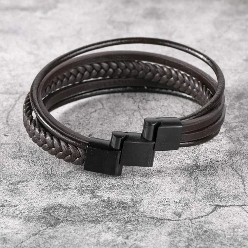 Miniatura 3 de murtoo Pulsera de cuero para hombre con cierre de cuero de vaca multicapa trenzada para hombre, Acero inoxidable Cuero