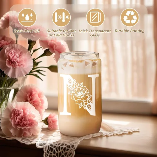 Miniatura 2 de Taza de Vidrio Inicial Coolife, Regalos Personalizados para Mujeres, Tazas de Vidrio de 16 oz con Tapas y Popotes, Vaso de Café Helado, Licuado
