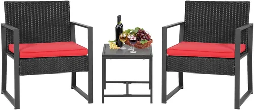 Miniatura 16 de FDW Juego de muebles de patio de 3 piezas Negro Muebles de mimbre para exteriores con mesa de café Juego de sillas de ratán moderno