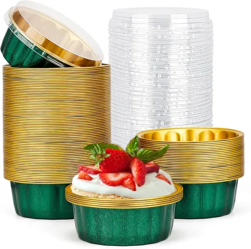 Miniatura 86 de Beasea Ramequines con tapas, 8oz 50 unidades de tazas de aluminio desechables para hornear, tazas de papel de aluminio plateado para creme brulee