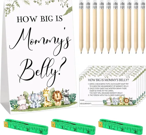 Sabary 64 Piezas Juegos de Baby Shower Incluyen Letrero How Big is Mommy's Belly Sign Measure Bump Game 50 Tarjetas 10 Lápices 3 Cintas Métricas