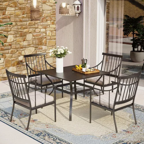 Miniatura 15 de MFSTUDIO Juego de comedor de 5 piezas de metal para patio, juego de muebles para exteriores con 1 mesa cuadrada de madera y 6 sillas de respaldo