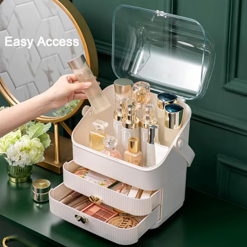 Miniatura 6 de Organizador de maquillaje Preppy para el cuidado de la piel, caja de almacenamiento de cosméticos, vitrina de 3 niveles, cubierta libre de polvo