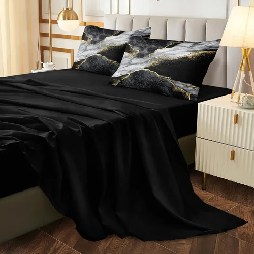 Miniatura 3 de Merryword - Juego de edredón de mármol negro, tamaño individual, 6 piezas, ropa de cama en una bolsa, diseño de mármol metálico dorado con 1