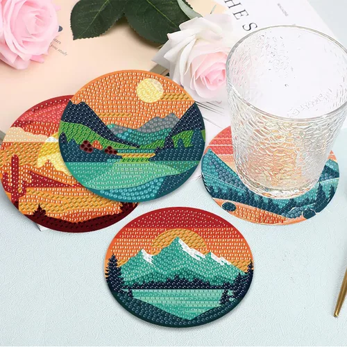 Miniatura 7 de Clendo Juego de 8 posavasos de arte de diamantes de paisaje con soporte, kits de arte de diamantes pequeños al atardecer para adultos principiantes