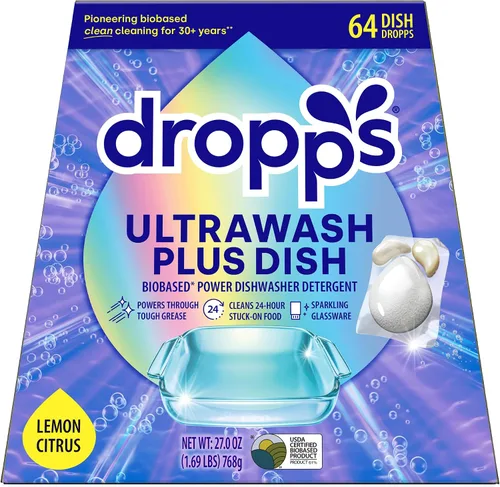 Dropps UltraWash Plus Cápsulas de detergente para lavavajillas, limón cítrico (64 unidades) - Triple potencia de acción | Ayuda de enjuague