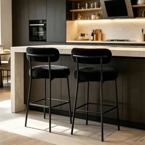 DYHOME Juego de 2 taburetes de bar negros de 28 pulgadas de altura de mostrador, taburetes de bar Boucle con respaldo, sillas de bar modernas de