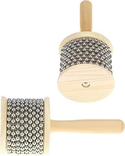 Miniatura 6 de QWORK Cabasa Instrumento musical de percusión de madera, coctelera de cuentas de acero inoxidable de 3.5 pulgadas con mango de madera