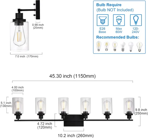 Miniatura 4 de MELUCEE Lámpara de Tocador Negra de 6 Luces, Aplique Industrial de Metal para Pared, Iluminación para Baño, Dormitorio, Pasillo, Cocina, Soporte