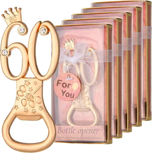 24 cajas de abrebotellas de cumpleaños número 60 con temática de oro rosa, favorecidas para regalos de fiesta de boda dorada número 60, recuerdos de