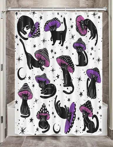 Miniatura 17 de MERCHR Cortina de Ducha de Gato Lindo Campista para Baño de Remolque de Viaje, Divertido Juego de Cortinas de Ducha de Tela Negra con Gato