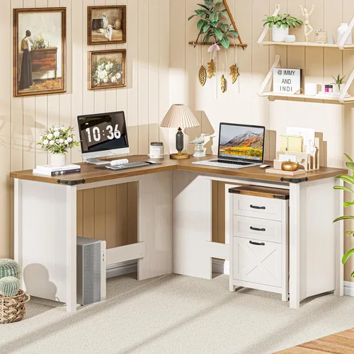 Miniatura 13 de Vabches Farmhouse - Escritorio ejecutivo de 61 pulgadas con 7 cajones, mesa rústica para computadora de oficina con cajones de archivos, estación