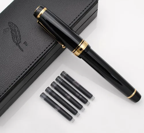 Miniatura 2 de Pluma estilográfica grande de metal, plumilla mediana de 0,7 mm, incluye convertidor de tinta y 5 cartuchos, acabado brillante pintado al piano Negro