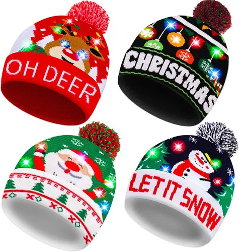Garma Paquete de 4 gorros de Navidad con luces LED, gorro de punto feo para fiesta de Navidad, gorro de invierno unisex, gorro de invierno colorido