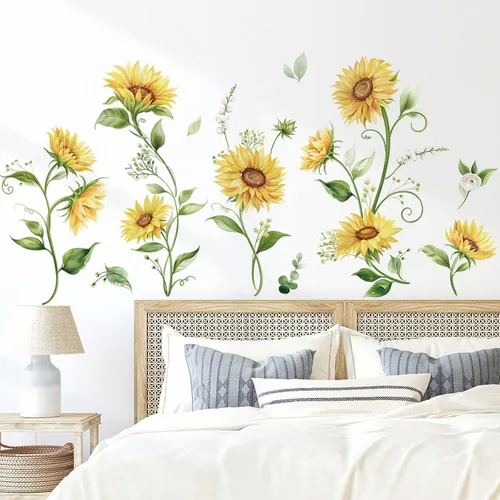 Miniatura 2 de decalmile Calcomanías de pared de girasol de acuarela flores amarillas jardín floral pegatinas de arte de pared dormitorio sala de estar TV fondo
