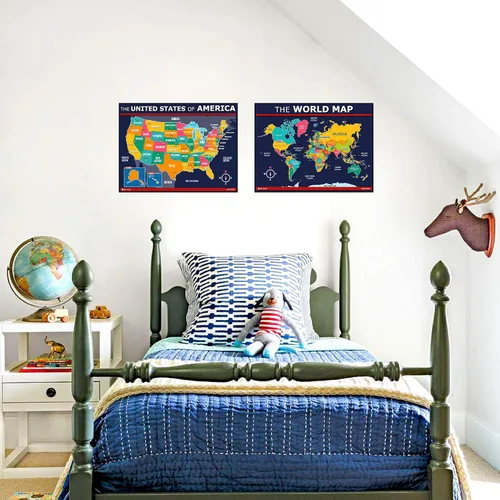 Miniatura 6 de Póster de mapa de Estados Unidos y del mundo 2 unidades para niños laminado azul (actualizado fijo V2.0) Young N Refined (18x24)