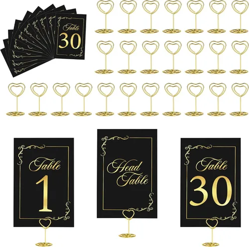 Miniatura 9 de JOYIT 21 juegos de tarjetas de mesa de boda del 1 al 20 y de la mesa principal con 21 soportes de números de mesas, tarjetas de números de oro negro