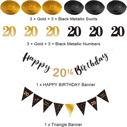 Miniatura 2 de BRT Bearingshui Kit de decoración de cumpleaños número 20 para hombres y mujeres, pancarta de feliz cumpleaños 20, serpentinas de remolinos