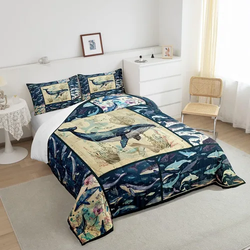 Miniatura 4 de Juego de edredón de ballena individual, juegos de ropa de cama retro con temática náutica para decoración de dormitorio, edredón de plumón de vida
