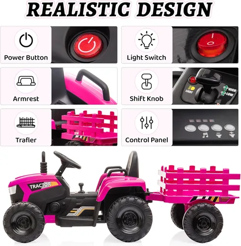 Miniatura 3 de TOBBI - Tractor de juguete a batería de 12 V con remolque color verde, rosado y rojo Rosa Rojo