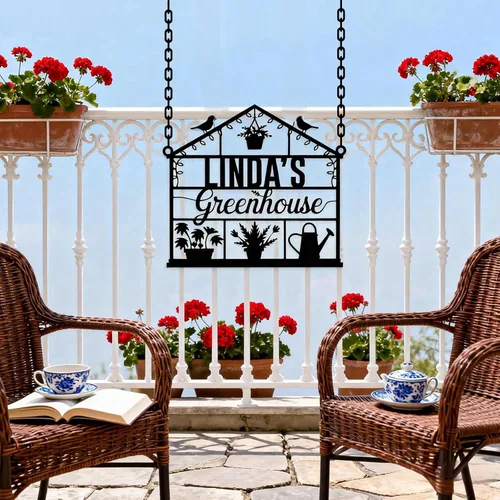 Miniatura 6 de Letrero personalizado de jardín de invernadero, placa de metal personalizada con nombre de jardín con acabado rústico, arte de patio al aire libre