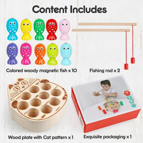 Miniatura 5 de Juego de pesca magnético de madera para niños pequeños de 3 años en adelante, actividades educativas preescolares Montessori, aprendizaje