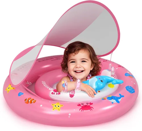 Miniatura 7 de Flotador de piscina para bebé con toldo de protección solar UPF50+, flotador inflable de natación con consola de juegos de animales y bomba de aire